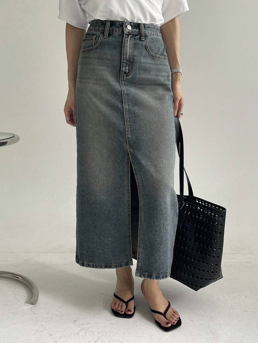 DAZY 女士夏季开衩常规中腰长款休闲牛仔裙 - 中等水洗藍 - 查看 1