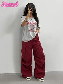 2件套青少年女孩夏季休闲字母印花圆领短袖T恤和工装裤套装 - 酒紅色 - 查看 4