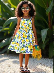 Casual Summer Fashionable All Over Print Strap Young Girls Dresses Little Girls Lemon Print Dress Kids Lemon Dress Girls Summer Dress Kids Vacation Dress Little Girls Tropical Dresses Little Girls Lemon Dress Girls Sundress - Yellow - View 1
