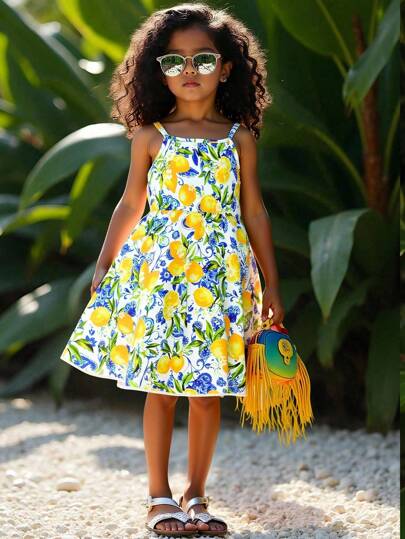 Casual Summer Fashionable All Over Print Strap Young Girls Dresses Little Girls Lemon Print Dress Kids Lemon Dress Girls Summer Dress Kids Vacation Dress Little Girls Tropical Dresses Little Girls Lemon Dress Girls Sundress