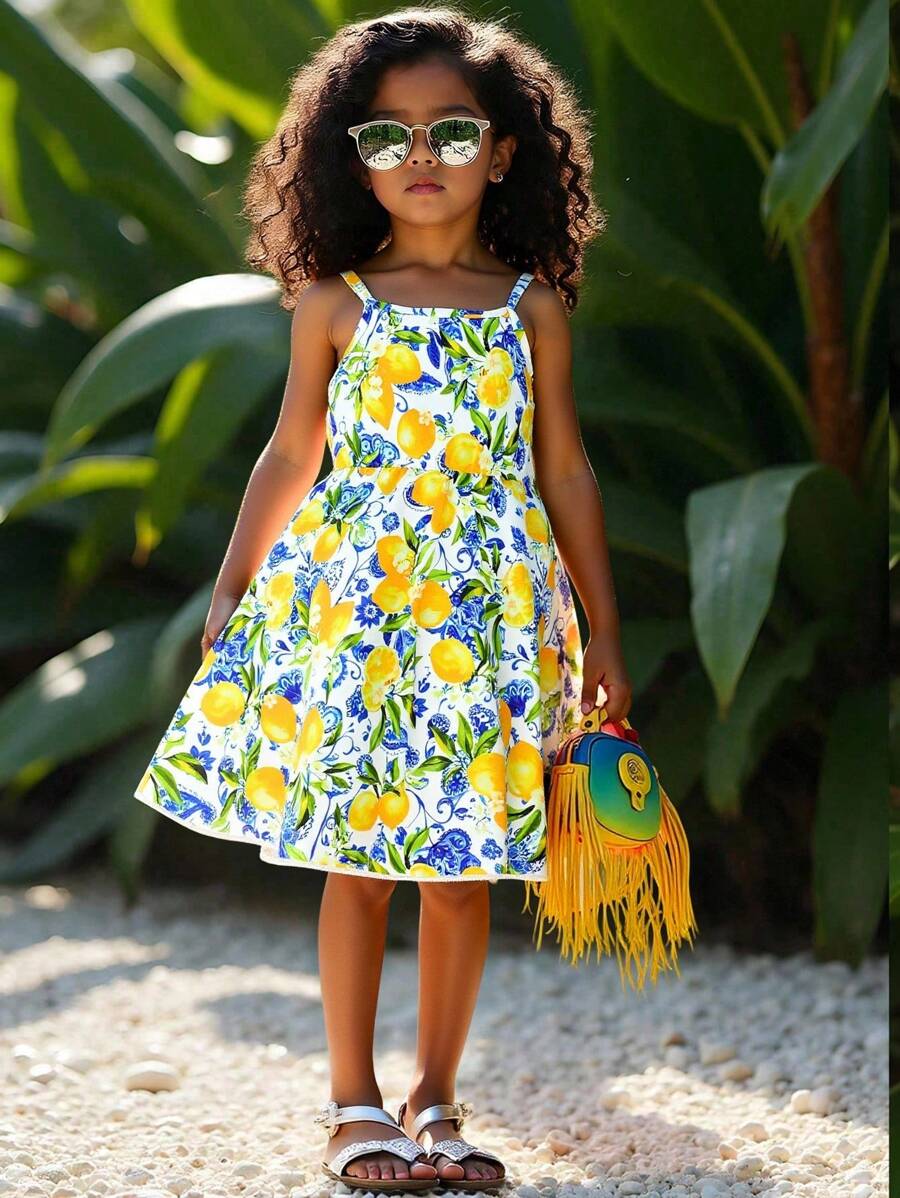 Casual Summer Fashionable All Over Print Strap Young Girls Dresses Little Girls Lemon Print Dress Kids Lemon Dress Girls Summer Dress Kids Vacation Dress Little Girls Tropical Dresses Little Girls Lemon Dress Girls Sundress - Yellow - View 1