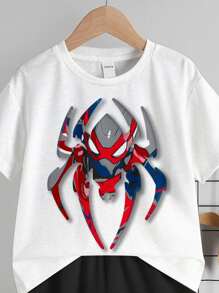 SHEIN Conjunto de camiseta de manga corta y pantalón corto informal con patrón de araña de dibujos animados para niño joven, adecuado para el verano
