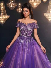 Glamrae 优雅奢华串珠花卉亮片拼接网眼大摆露肩连衣裙，适合婚礼、派对、舞会、度假、舞会、正式场合（重型设计） - 紫色 - 查看 5