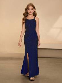 Girls Elegant Minimalist V-Neck Sleeveless High Waist Long Fitted Split Design Metallic Shimmer Fabric Dress, Suitable For Graduation, Party, Formal Occasions Fall Winter - Blue - View 7