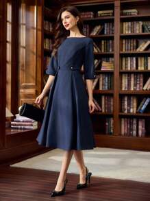 Vintamour 复古经典优雅女装秋冬修身船领连衣裙七分袖连衣裙海军蓝连衣裙金属纽扣口袋连衣裙 - 藏蓝色 - 查看 3