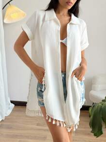 SHEIN Swim Women's Vacation Solid Color Short Sleeve Fringed Hem Romantic Open Front Beach Kimono Coverup For Summer - White - View 3