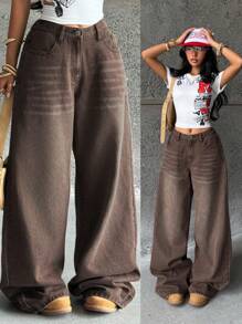 Coolane 少女休闲宽松水洗阔腿牛仔裤 - 棕色 - 查看 5