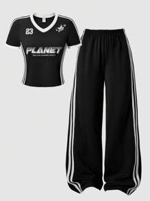SHEIN Streecool Kids Streecool Teen Girl Casual School Style 2 Pieces Set, Autumn Colorblock Patchwork Print T-Shirt Paired With Contrast Stripe Sports Pants Suit, Suitable For Daily, Commute, Leisure, Vacation, Sisters Street Snap Summer Holiday, Concert Outfit
