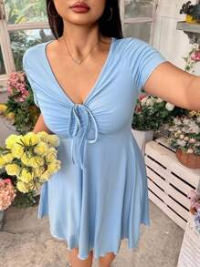 SHEIN EZwear 大码女式情人节浅蓝色V领扭纹连衣裙 - 淺藍色 - 查看 5