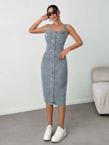 EURMUSE Slant Pocket Button Front Overall Denim Midi Dress - Blue - View 3