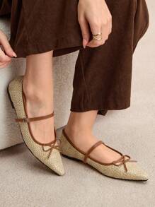 Rosivie 女式复古编织尖头平底鞋，带蝴蝶结扣，休闲度假风格乐福鞋