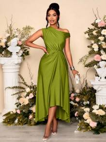 Vestido largo de punto elástico morado cómodo con detalles recogidos, cuello asimétrico y bajo asimétrico con abertura, para fiesta y ocasiones elegantes en primavera y verano - Verde - Ver 4