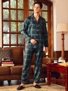 EverLounge Men Plaid Print Button Front Shirt & Pants PJ Set / Pajama Set, Fall Clothes - Army Green - View 4