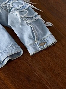 Manfinity VCAY Áo sơ mi denim nam tay dài, cài khuy đơn giản, phong cách giản dị, đồ đôi - Màu xanh lam - Xem 6