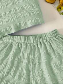 SHEIN Girl Shorts Set Green Two Piece Outfit Teen Summer Sets For Girls In - Mint Green - View 3