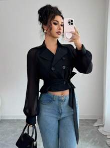 Elenzga Elegant Commuting Chic Fashion Versatile Solid Black Large Lapel Long Sleeve Chiffon Sheer Mesh Paneled Double Breasted Cinched Waist Waist Slim Short Trench Coat For Women Fall Winter Cloth For Women