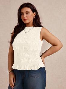 Elaquor Plus Size Women Solid Color Ruffle Hem Casual Tank Top,Going Out Tops,Holiday Spring To Summer - Beige - View 5