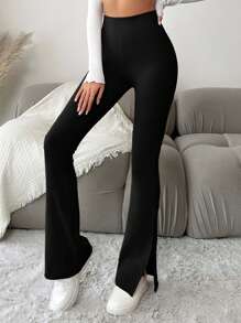 EURMUSE Petite Size Women's Solid Color High Waist Flared Casual Leggings - Black - View 5