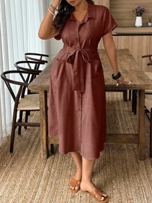 Weeklong Casual & Vacation Style Plus Size Women Solid Color Short Sleeve Single-Breasted Pocket Shirt Dress - Burgundy - View 3