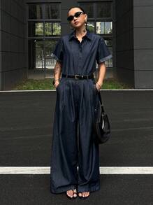 DAZY Bộ 2 quần ống rộng ống rộng cổ bẻ denim thường ngày cho nữ, trang phục mùa hè - Rửa tối - Xem 6