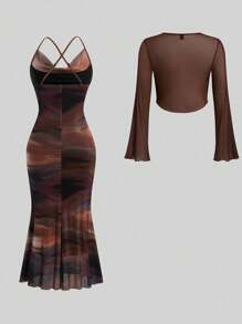 Sunspun 大码休闲浪漫连衣裙（带罩衫），两件套 - 卡其色 - 查看 2