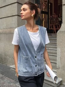 DAZY Women's Deep V Single-Breasted Pocket Loose Casual Denim Vest Women Vest Vest Shirt Jeans Vest Denim Waistcoat - Blue - View 6