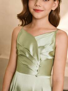 花童伴娘缎带褶饰长裙，精致风格，适合婚礼、万圣节、毕业典礼、舞会、生日派对 - 綠色 - 查看 6