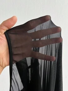 SHEIN LUNE Damen Große Größen Langarm Rundhals Mesh Applikation Sexy figurbetontes Partykleid