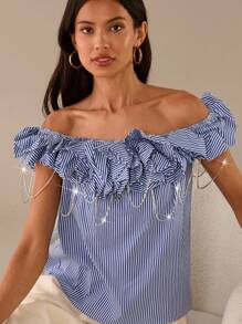 Lilora Women's Fashion Off Shoulder Striped Top With Crystal Chain Decoration, Summer - Blue and White - View 1