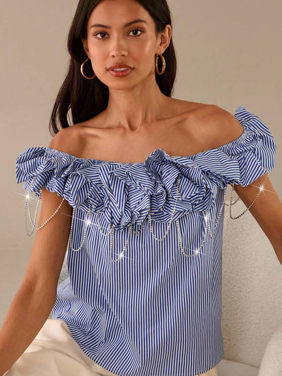 Lilora Women's Fashion Off Shoulder Striped Top With Crystal Chain Decoration, Summer - Blue and White - View 1
