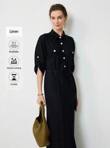 Uhlyne 女装秋季新款法式通勤度假休闲X型亚麻单排扣金属纽扣长袖衬衫裙 - 黑色 - 查看 9