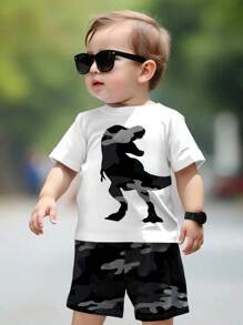 SHEIN Leap Crew 2pcs Baby Boy Cartoon Dinosaur & Camo Print Casual Round Neck Short Sleeve Top And Shorts Set, Summer - Multicolor - View 1