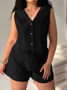 Solflare 2pcs/Set Plus Size Solid Color Sleeveless Vest And Shorts - Black - View 6