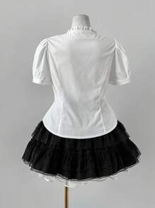 Sweetra Áo sơ mi rộng rãi thoải mái, đơn giản, viền bèo nhún màu trơn - trắng - Xem 3