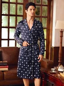 Manfinity Men's Allover Print Contrast Trim Tie Waist Long Sleeve Bathrobe, Fall - Multicolor - View 1