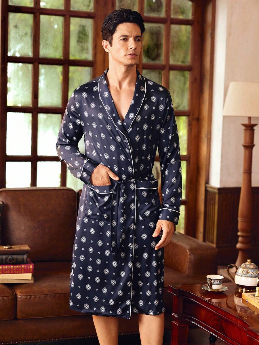 Manfinity Men's Allover Print Contrast Trim Tie Waist Long Sleeve Bathrobe, Fall - Multicolor - View 1