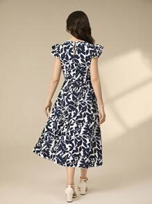 花卉印花系腰盖袖连衣裙，适合少女度假、休闲和日常穿着 - 藍色 - 查看 2