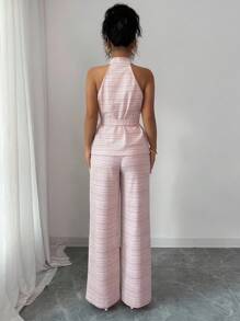 Elenzga Bộ đồ 2 mảnh áo yếm không tay cổ chữ V kẻ caro thanh lịch dành cho nữ + quần dài ống rộng cạp cao - Nhiều màu - Xem 3