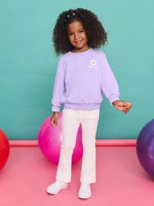 SHEIN 年轻女孩休闲简约舒适花卉图案圆领套头衫，长袖 - 紫色 - 查看 3