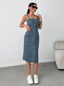 EURMUSE Slant Pocket Button Front Overall Denim Midi Dress - Light Wash - View 4