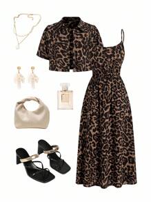 SHEIN Clasi 2pcs/Set Women Leopard Print Dress And Leopard Print Blouse Leopard Set Cheetah Print Outfit, For Going Out - Gold - View 2