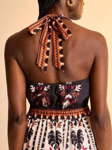 CAJUNI Robe à col ras-du-cou à nouer imprimée pour femmes - Vêtements bohèmes pour femmes / Vêtements occidentaux pour femmes / Graphique / Top décontracté pour femmes / Vêtements d'automne pour femmes