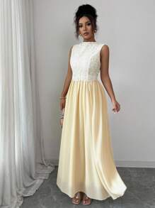 Selianne Vestido Elegante Feminino de Renda Contrastante sem Mangas, Adequado para Casamento, Aniversário, Outono - Damasco - Visão 3