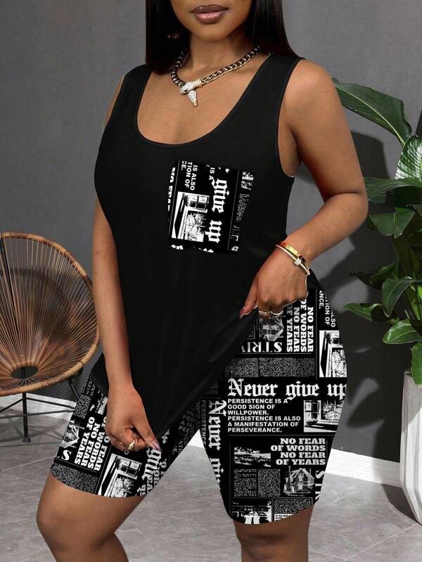 Slaydiva Set de 2 piezas de mujer talla grande con chaleco y shorts estampado de periódico retro, casual y minimalista para el verano