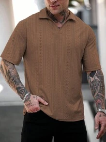 Manfinity Homme 男士休闲纯色纹理面料短袖 Polo 衫 - 咖啡棕 - 查看 4