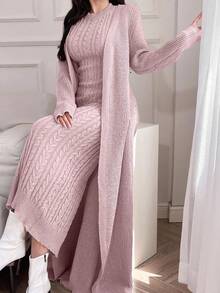 Feyla 2pcs/Set Women Elegant Solid Color Stand Collar Cable Sleeveless Dress And Long Sleeve Cardigan Set 2 Pieces Set In Fall/Winter - Pink - View 4