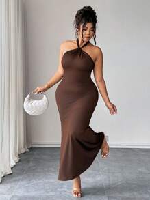 SHEIN PETITE CURVE Đầm suông cổ yếm đuôi cá màu trơn cỡ lớn cho nữ thanh lịch - Cà phê nâu - Xem 7