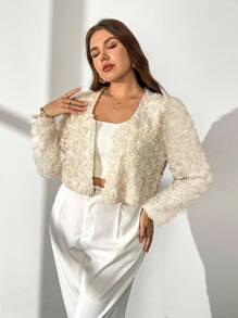 Firerie 大码春秋优雅简约浪漫精致时尚约会夜/休闲/通勤/旅行3D玫瑰纹理面料短款长袖薄款女士夹克 - 杏色 - 查看 2