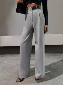 EURMUSE Elegant Style, Half Faux Leather Belt Detailed Straight Fit Pant - Grey - View 4