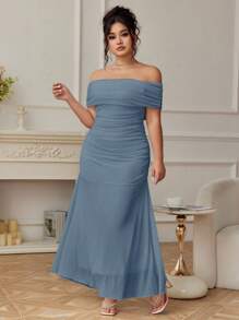 Modelyn Váy midi lưới trễ vai xếp nếp thanh lịch cỡ lớn dành cho nữ, dành cho những buổi hẹn hò - Màu xanh lam - Xem 7